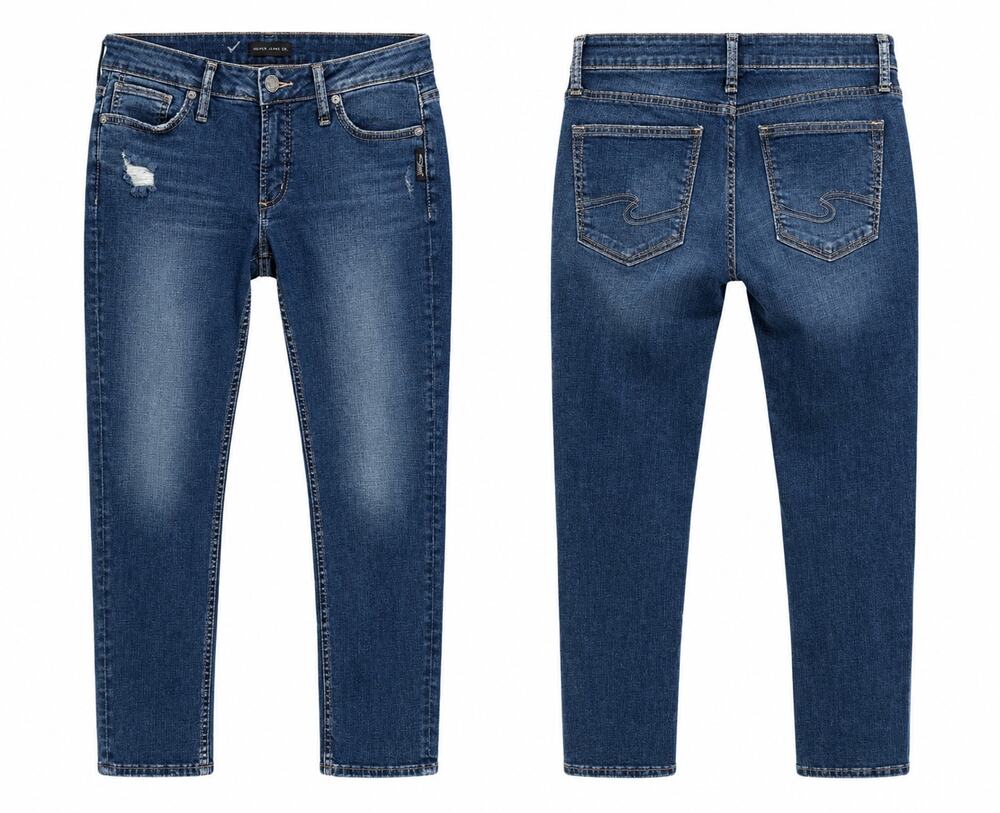 Silver Jeans Co Elyse Slim Crop Capri Distressed Stretch Denim Jeans W28 L25